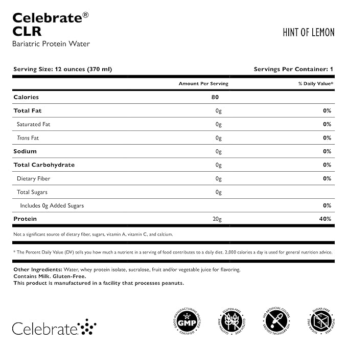Celebrate Vitamins Celebrate CLR Whey Isolate Protein Water Hint of Lemon - 20 g Protein - Ready to Drink - Gluten Free and Sugar Free - For Post Bariatric Surgery Patients 12 pack