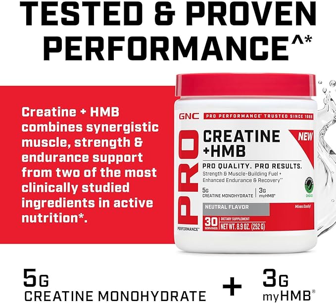 GNC Pro Performance Creatine Monohydrate + HMB - Micronized Creatine Powder for High-Intensity Workouts - Easy-Mix Powder - Informed Choice Certified - Gluten-Free &amp Soy-Free - 30 Servings