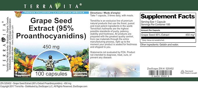 Grape Seed Extract (95% Proanthocyanidins) - 450 mg (100 Capsules ZIN: 520452)