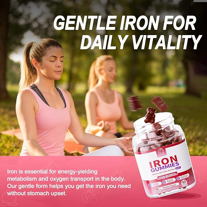 Iron Gummies for Women - Heme Iron for Max Absorption &amp Gentle on Stomach 10-in-1 with Vitamin C B12 Folate Supports Energy Focus &amp Red Blood* Cell* Wellness Peach Flavor 60 Counts (2 P