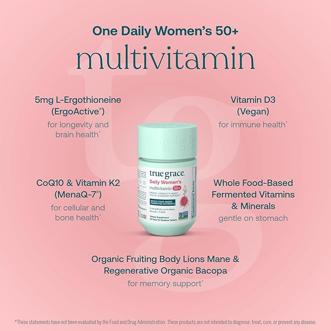 True Grace Daily Women’s Multivitamin 50+ - 60 Easy-to-Swallow Tablets - Immune Energy Longevity &amp Memory Support - Vegan - Gluten Soy &amp Iron Free - 30 Servings