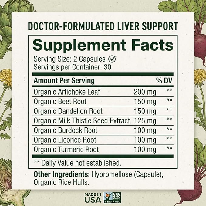 Liver Cleanse Support Supplement w Organic Milk Thistle - Nature's Secret Agent Blend - 60 Vegan Capsules