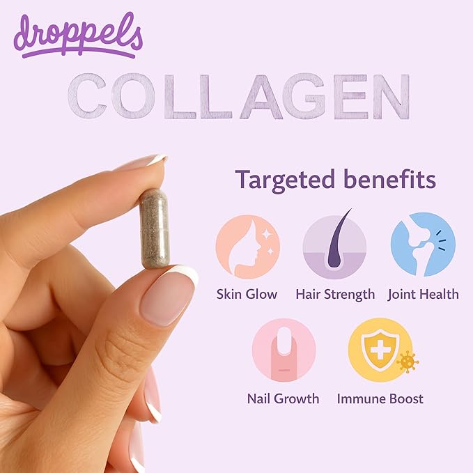 Droppels Collagen Capsules – Advanced Collagen + Biotin + Keratin + Vitamin C – Hair Skin Nails &amp Joints Support – 60 Count Dietary Supplement