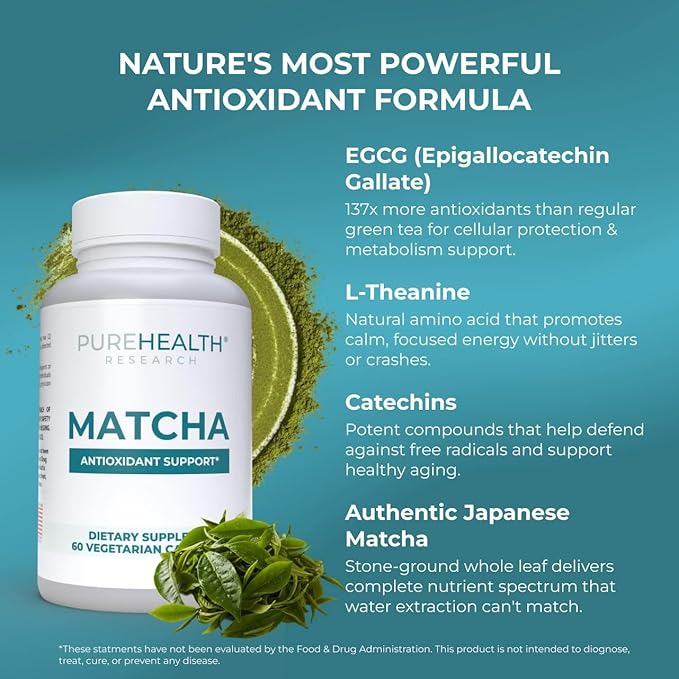 PUREHEALTH RESEARCH Matcha 1000 mg - Organic Ceremonial Grade Matcha Powder Supplement - EGCG Green Tea Extract Pills for Mental Clarity Energy &amp Hearth Health - Vegan Gluten Free - 60 Capsules