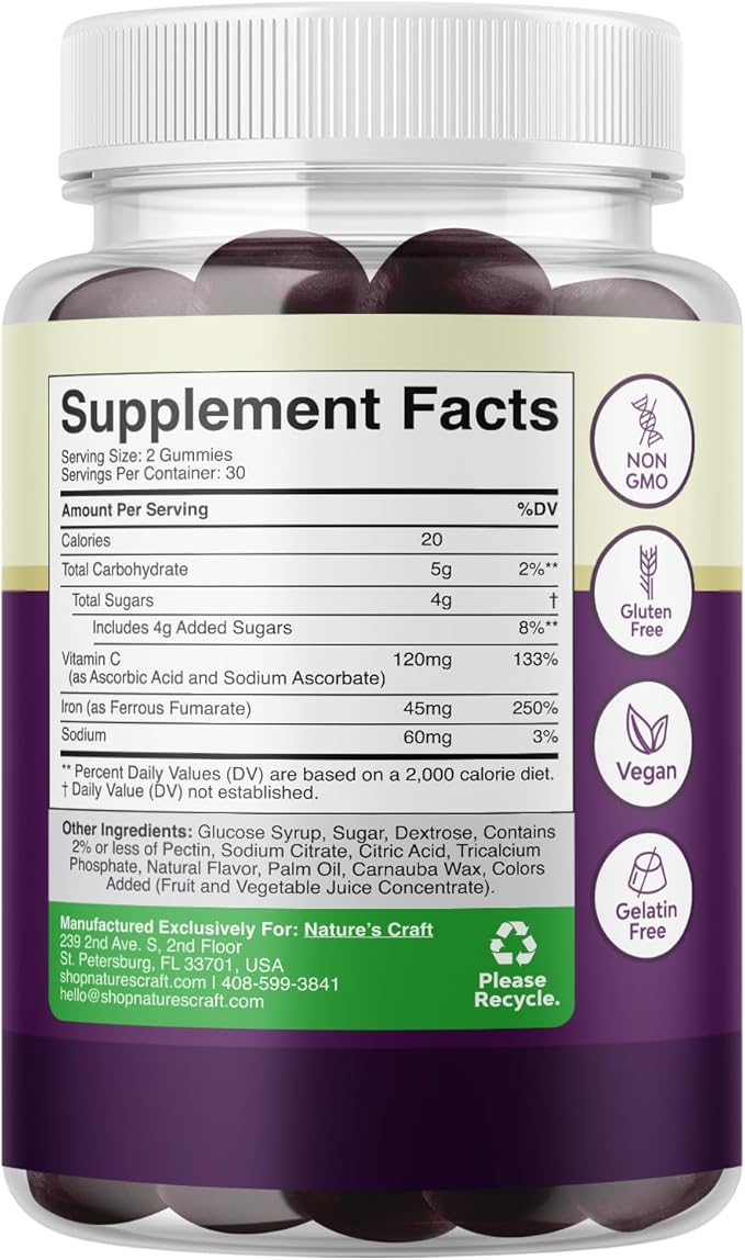 Bundle of Extra Strength Iron Gummies for Women and Men - Potent 45mg per Serving Chewable Supplement and Vitamin C Gummies for Adults Ascorbic Acid Natural Gummy Immune Booster &amp Natural Cold Rem