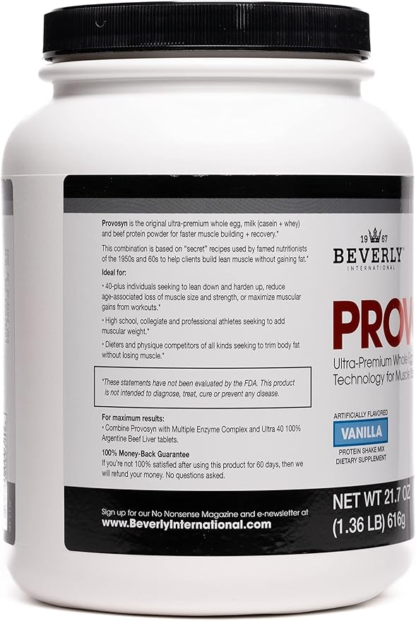PROVOSYN. The Original Ultra-Premium Whole Egg Milk (Casein + Whey) and Beef Protein Powder. Fast Muscle Building + Recovery. Perfect for Hard Gainers. Vanilla Flavor 616 g The Mature Users Protein.