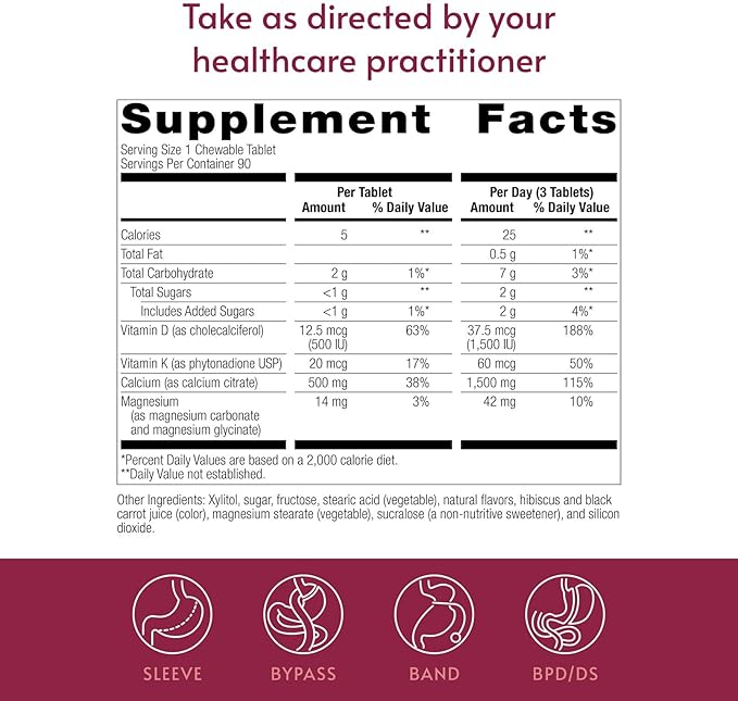 Bariatric Advantage Calcium Citrate Chewable 500mg with Vitamin D3 for Bariatric Surgery Patients Including Gastric Bypass and Sleeve Gastrectomy Low Sugar - Cinnamon Flavor 90 Count