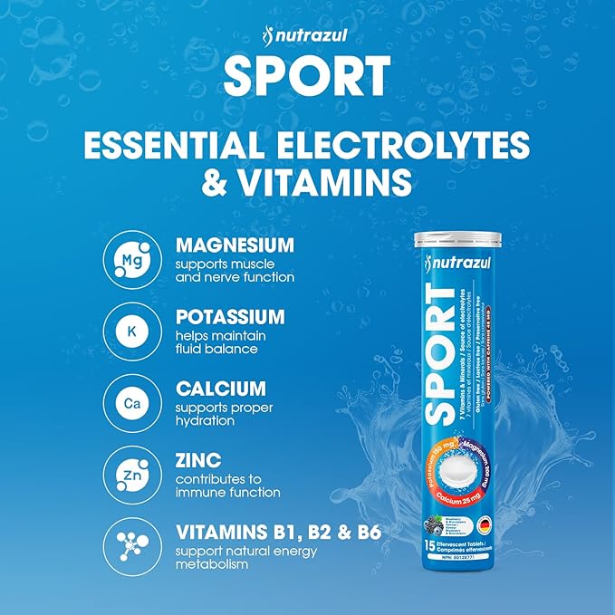 nutrazul Sports Effervescent Tablets Electrolytes &amp 7 Vitamins &amp Minerals Daily Hydration and Energy 45mg Caffeine Blueberry &amp BlackBerry Flavor 30 Count