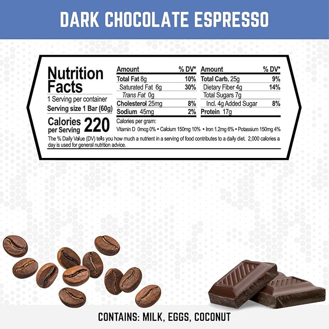 Battle Bars Crispy Protein Bar 17g Protein 100g Caffeine per serving - Gluten Free No Artificial Flavors or Colors - Veteran Founded - Dark Chocolate Espresso (60g) 12 Count
