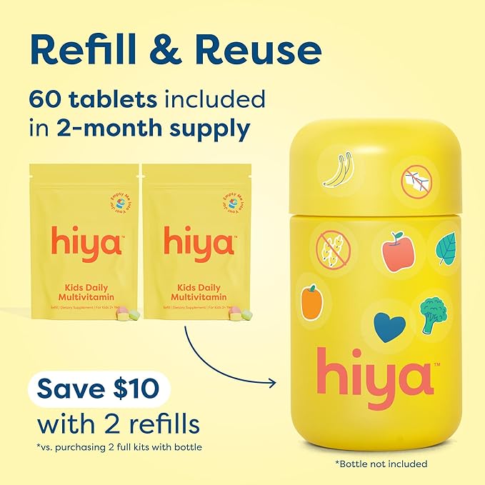 HIYA Kids Multivitamin Tablets – 15+ Essential Vitamins &amp Minerals with Fruits &amp Veggies for Ages 2+ Supports Growth Development &amp Immune 0g Sugar – 60 Day Refill Supply for Toddlers &a