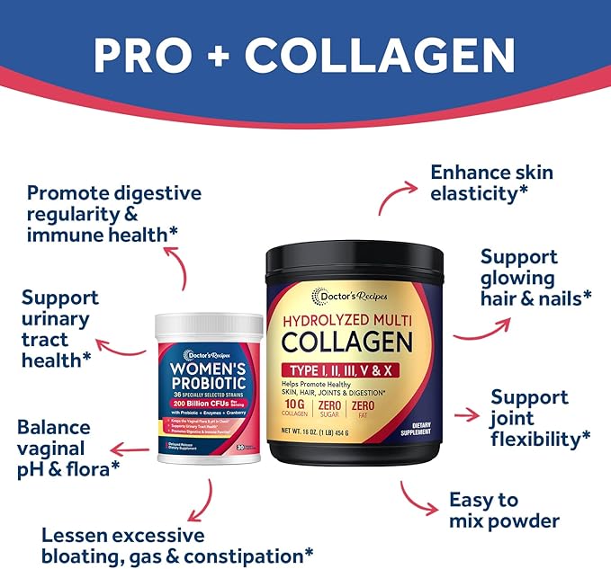 Doctor's Recipes Multi Collagen Peptides Powder 16oz and Probiotics for Women 30 Caps