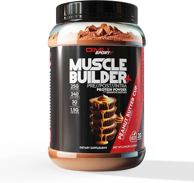 GMU SPORT – Muscle Builder+ Protein with 3g Creatine 1.5g HMB Collagen &amp Enzymes | 25g Protein 28g Carbs 240 Calories | Low Sugar Whey Protein for Strength Recovery &amp Muscle Growth – 20 S