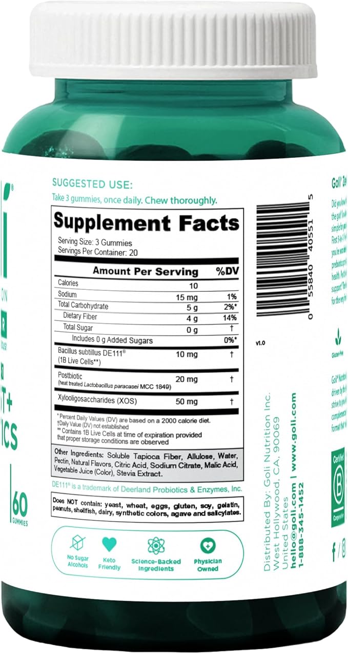 Goli Zero Sugar Pre Pro Postbiotic Gummies 60 Count Each (5 Pack 300 Total) - Worlds First 3-in-1 with DE111 XOS MCC1849 - No Sugar Alcohols - Vegan Keto-Friendly Non-GMO
