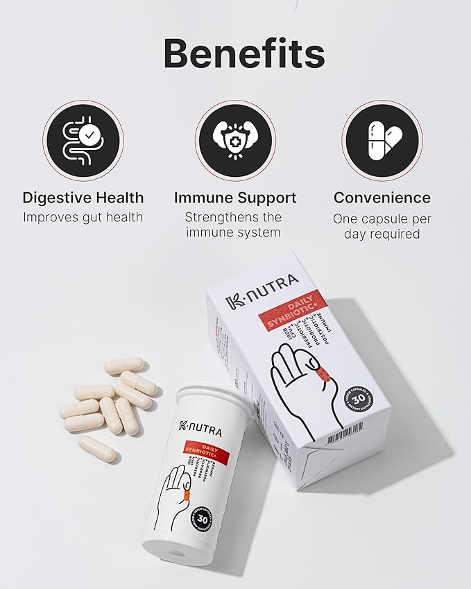 K-Nutra Daily Synbiotic+ | 30 Capsules | 4-in-1 Prebiotics Probiotics &amp Postbiotics | 100 Billion CFUs | Gut &amp Digestive Health Supplement for Women &amp Men