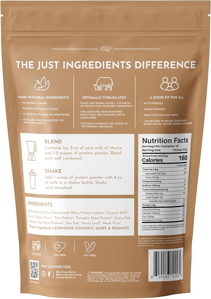 Creamy Peanut Butter Chocolate Protein Powder – 15 Servings | Grass-Fed Whey Naturally Sweetened No Gums or Fillers | Smooth Texture Easy to Digest Great for Shakes Baking &amp Daily Protein Sup