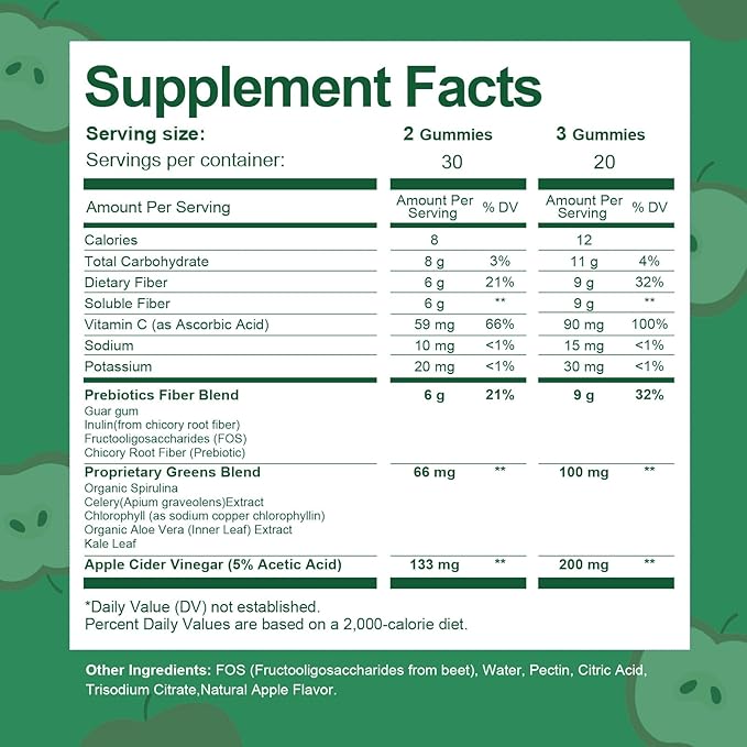 9G Fiber Gummies for Digestive Health &amp Regularity - No Sugar Added Apple Flavor - Prebiotic Fiber Supplement with Greens - Daily Gummies for Adults Women &amp Men - 60CT