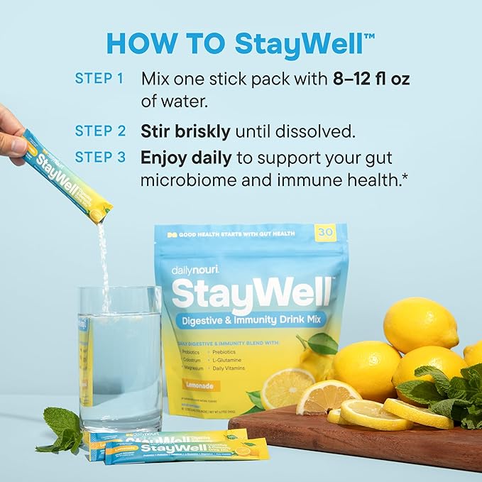 Daily Nouri StayWell Gut Health Drink Mix | Digestive &amp Immune Support Powder | Colostrum + L-Glutamine + Probiotics | Lemonade | 30 Stick Packs
