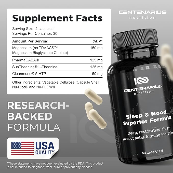 Centenarius Nutrition Sleep and Mood Formula with L-Theanine 5-HTP PharmaGABA + More for Sleep + Enhanced Mood &amp Stress Levels (60 Count)