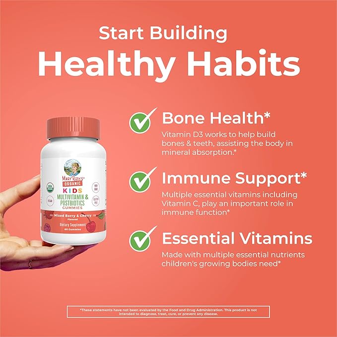 Kids Vitamins by MaryRuth's | USDA Organic | Multivitamin Gummies + Postbiotics for Ages 4+ | Multivitamin for Kids with Lactobacillus Rhamnosus | Children’s Vitamins | Vegan | Non-GMO | 60 Count