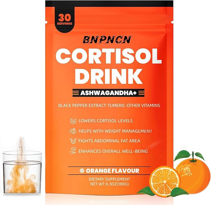 Cortisol Support Drink Mix with Ashwagandha and L-Theanine Stress Relief Supplement Powder for Adults (2pcs Orange)