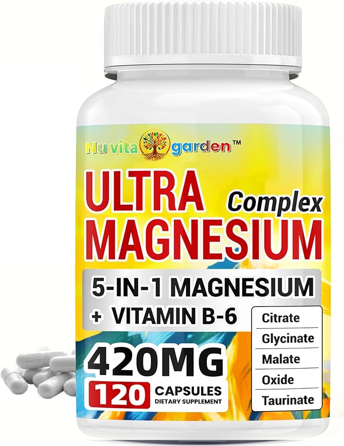 420mg Magnesium Complex + 30mg Vitamin B6 - High Absorbency &amp Gluten-Free Supports Bone Heart Joint Health &amp Sleep with Citrate Malate Glycinate Taurinate Oxide - 120 Caps