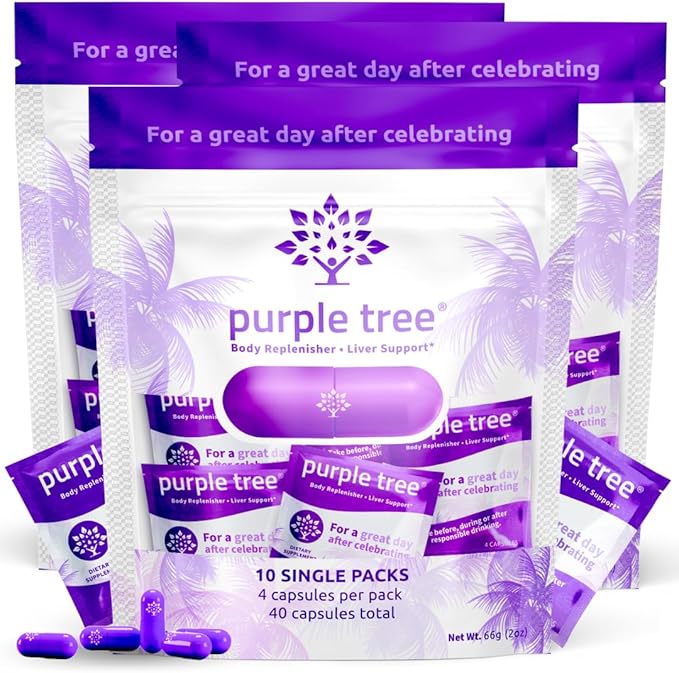 purple tree Post-Drink Wellness Supplement for Liver Support &amp Hydration | Dihydromyricetin DHM Milk Thistle Electrolytes Vitamins | Bachelorette &amp Bachelor Party Kits 30 Packets 120 Pill