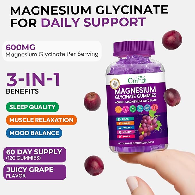Magnesium Glycinate Gummies 600mg Sugar Free Chewable Magnesium Gummies with Black Currant for Men &amp Women Supports Evening Routine &amp Inner Balance No Melatonin Vegan 60 Days Supply