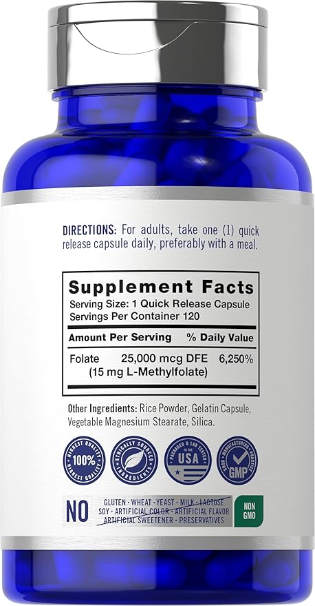 Carlyle L Methylfolate 15mg | 120 Capsules | Value Size | Max Potency | Optimized and Activated | Non-GMO Gluten Free Supplement | Methyl Folate 5-MTHF | by Opti-Folate