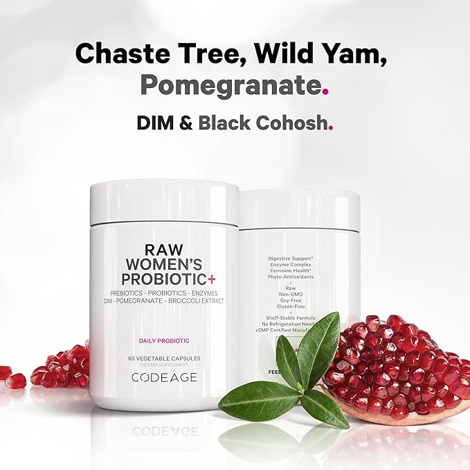 Codeage Raw Women’s Probiotic+ Supplement - 34 Probiotic Strains 100 Billion CFUs Digestive Enzymes Prebiotic Blend DIM Herbal Extracts Phytonutrients - Non-GMO - 30 Capsules
