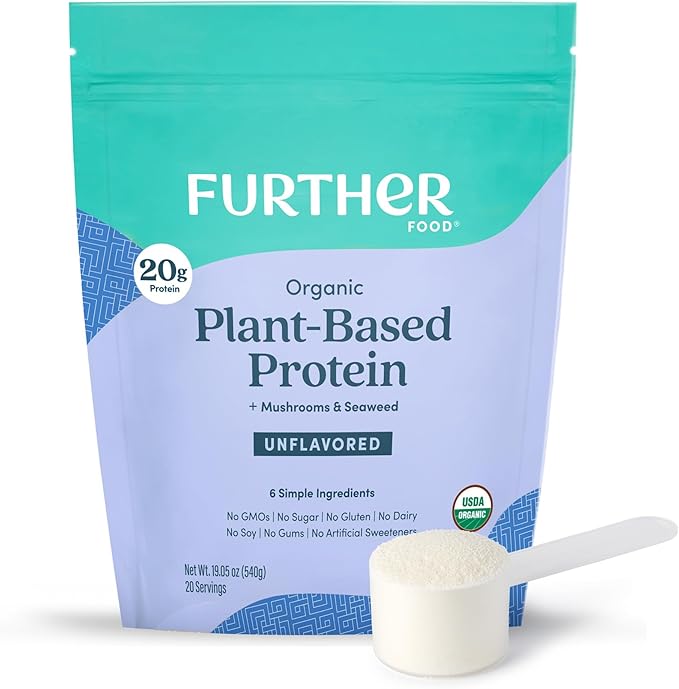 Further Food Organic Vegan Protein Powder Unflavored – 20g Pea Protein with Mushrooms &amp Seaweed Non-GMO Gluten Free Sugar Free 20.46 Oz