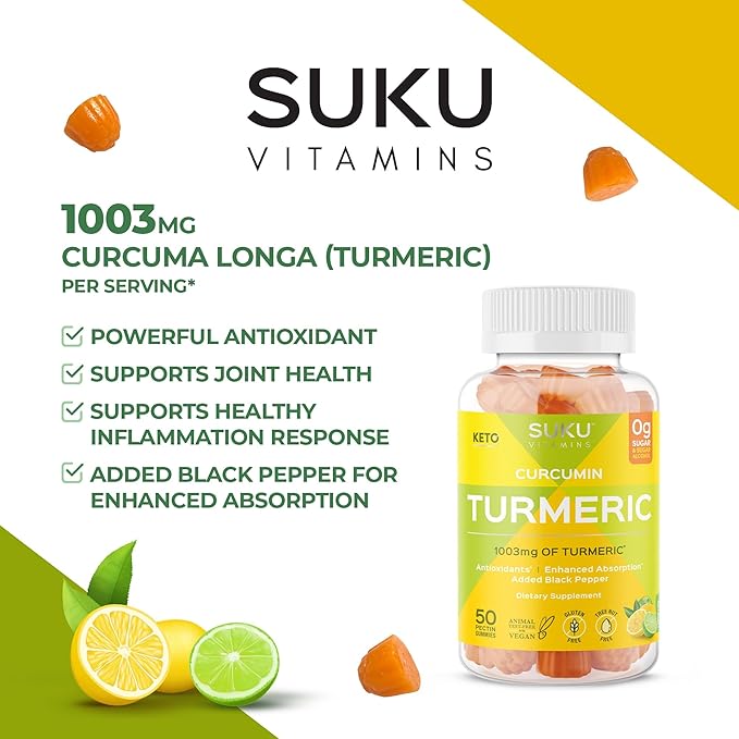 SUKU Turmeric Curcumin Sugar Free Gummies with 1003mg of Turmeric - Black Pepper Protects Liver Improves Digestion Inflammation Response &amp Joint Health – Lemon Lime Flavour (50 Gummies)