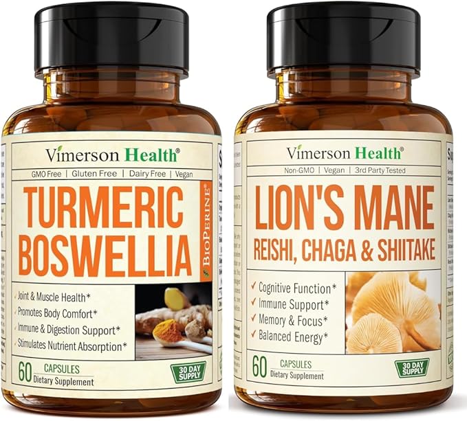 Boswellia Turmeric Curcumin Supplement + Lions Mane Supplement Capsules Bundle – for Joint Health Mood &amp Immune Support – with Ginger Organic Turmeric Powder Turkey Tail Shiitake Mushrooms &am