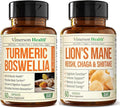 Boswellia Turmeric Curcumin Supplement + Lions Mane Supplement Capsules Bundle – for Joint Health Mood &amp Immune Support – with Ginger Organic Turmeric Powder Turkey Tail Shiitake Mushrooms &am