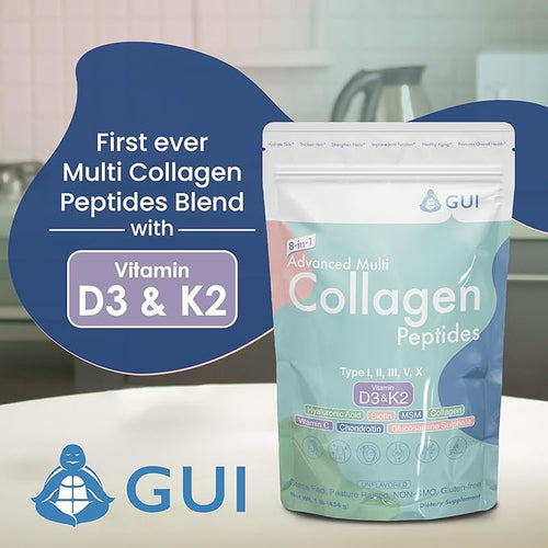 8in1 Advanced Multi Collagen Peptides 16 Oz - Hydrolyzed Protein | Type I II III V X with Vitamin D3 &amp K2 Hyaluronic Acid Biotin Vitamin C MSM Glucosamine Sulphate &amp Chondroitin - Un