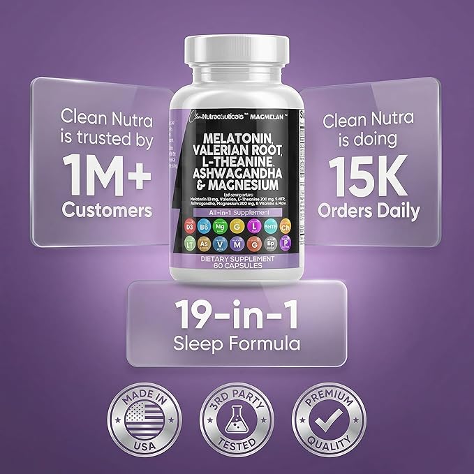 Clean Nutraceuticals Melatonin 10mg Valerian Root L Theanine 200mg Ashwagandha - Sleep Support for Women &amp Men with Magnesium Complex Lemon Balm Chamomile &amp Passion Flower - 60 Caps