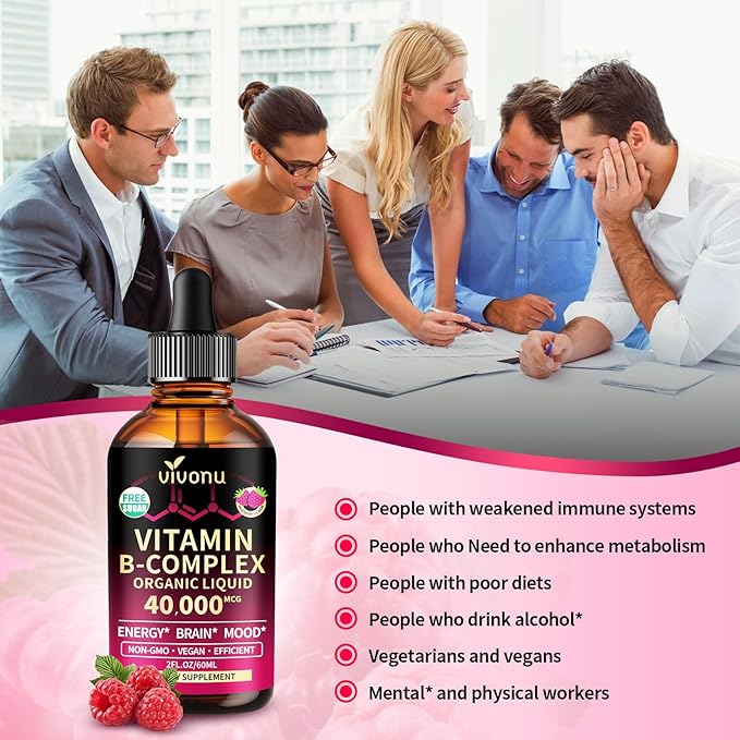 VivoNu Vitamin B Complex Liquid Drops Vitamin B12 (6000 mcg) B6 B1 B2 B3 B5 and Methylfolate Raspberry Flavor Natural Ingredient Non GMO B Complex Vitamin Supplement