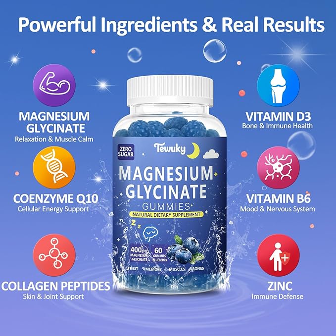 Magnesium Glycinate Gummies 400mg - Sugar Free Vegan Gummies for Adults &amp Kids with Vitamin D3 B6 C CoQ10 Collagen Zinc - Sleep Muscle Bone &amp Memory Support - 60 Blueberry Chewables / 2