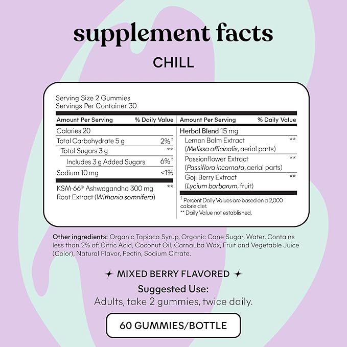 Lemme Chill Stress Relief Gummies with 300mg KSM-66 Ashwagandha Lemon Balm Passionflower &amp Goji to Support Relaxation Healthy Cortisol &amp Sleep - Gluten-Free Non-GMO Mixed Berry (60 Count)