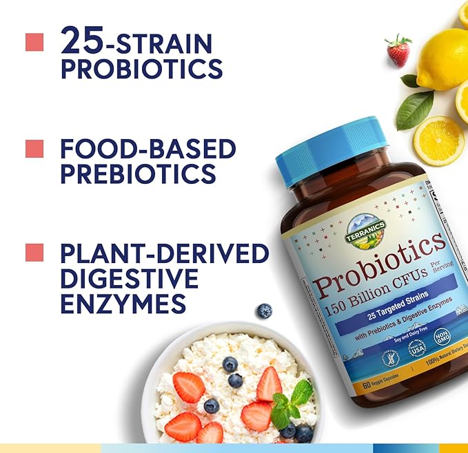 Terranics Daily Probiotics for Men &amp Women 150 Billion 25 Strains Probiotics with Prebiotics &amp Enzymes Delayed Release Shelf Stable 60 Veggie Caps