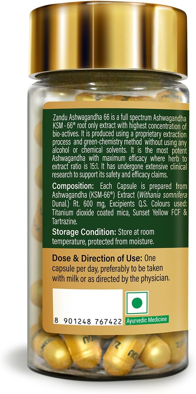Zandu Ashwagandha 66 (KSM-66®) (600 mg) Clinically Proven 100% Root Extract for Maximum Potency