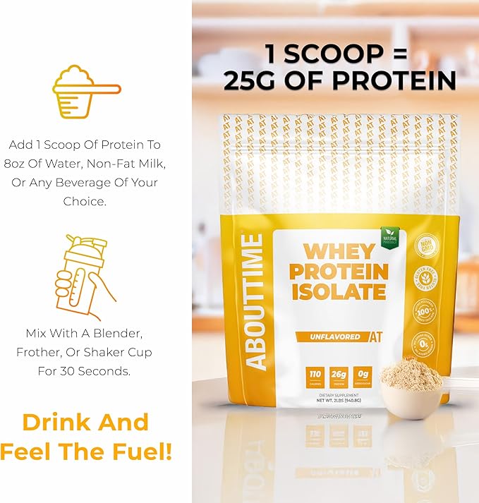 About Time Unflavored Whey Protein Isolate Powder 26g Natural Ingredients Non-GMO Gluten-Free Lactose-Free No Artificial Sweeteners Low Carb 32 Servings