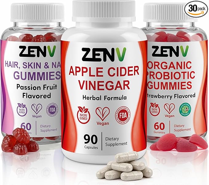 ZENV 3-in-1 Beauty from Within Supplement Bundle: Hair Skin &amp Nails Gummies Organic Apple Cider Vinegar Capsules Probiotic Gummies | 60-Day Supply for Radiant Glow &amp Gut Health