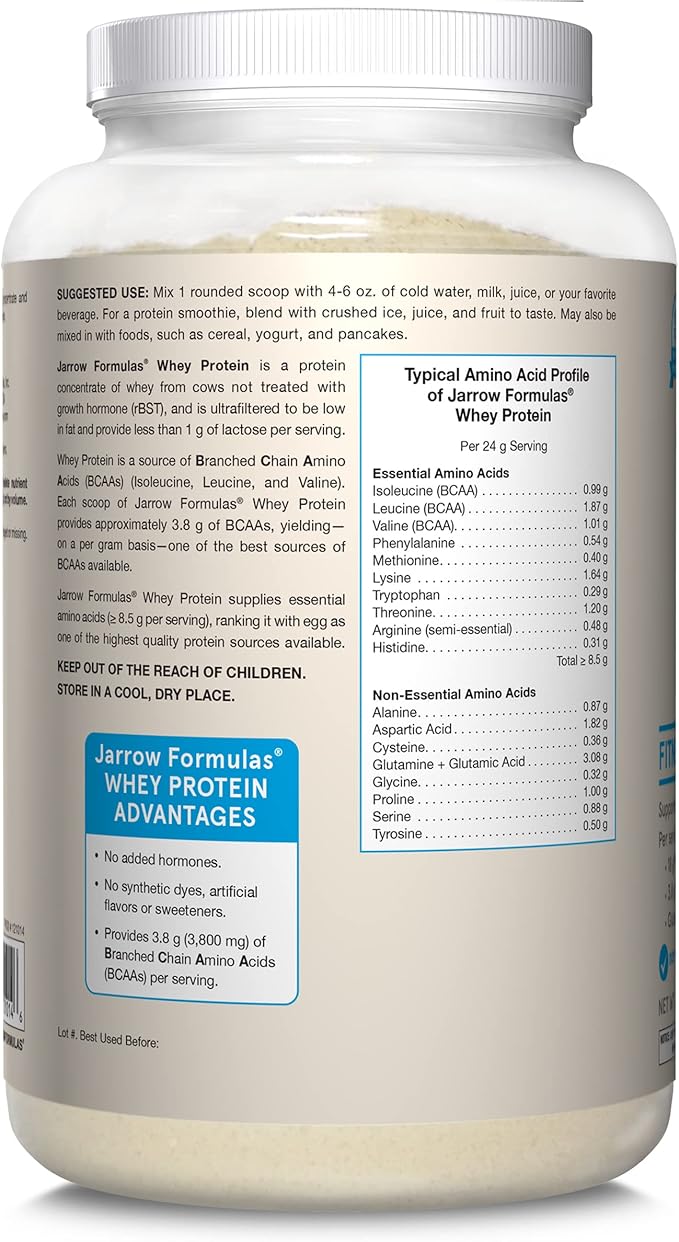 Jarrow Formulas Whey Protein with 18 g of Protein 3.8 g of BCAAs and Glutamine Dietary Supplement for Muscle Function and Recovery Support 32 oz Unflavored Powder Approximately 38 Day Supply