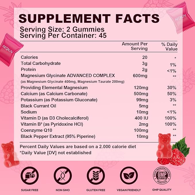 Magnesium Glycinate Gummies 600mg High Absorption Magnesium Complex Sugar Free Chewables Gummies with VitaminD &amp B6 CQ10 for Adults &amp Kids Relaxation Muscle &amp Zzz Support