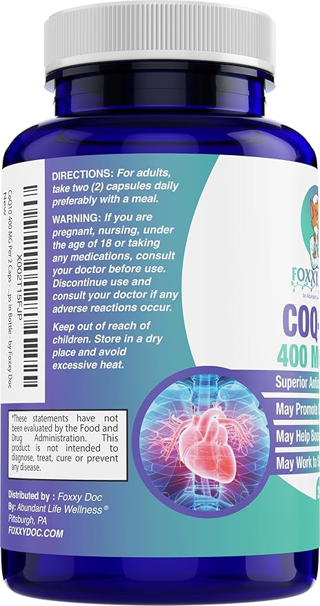 CoQ10 400 MG Per 2 Caps - Ubiquinone - Excellent Value - Heart Brain &amp Cellular Supplement - Energy Support - 200 Caps in Bottle - by Foxxy Doc