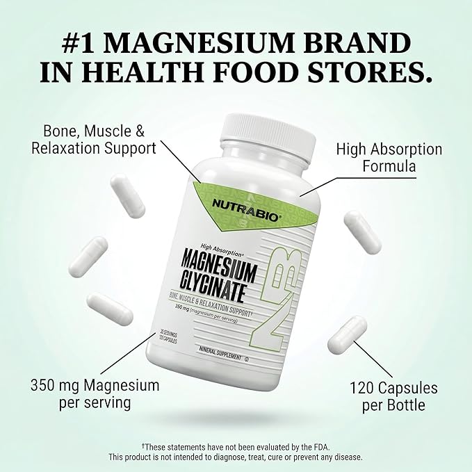 NutraBio Magnesium Glycinate - Pure Magnesium Sleep Supplement Supports Relaxation Heart Health Nerves Muscles and Metabolism - 350 mg - 120 Capsules