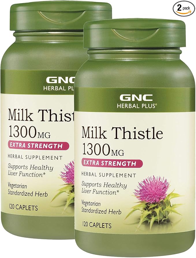 GNC Herbal Plus Milk Thistle 1300mg Twin Pack 120 Caplets per Bottle Supports Healthy Liver Function