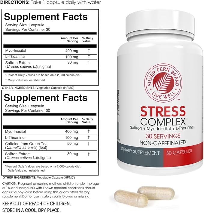 Silver Fern Stress Complex Supplement - Without Caffeine - Sleep Worry Mood &amp More - with Saffron Supplements L-Theanine Supplement &amp Myo-inositol - Natural Stress Relief Supplement (Pack
