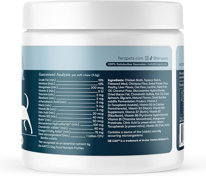 Fera Pets Dog Multivitamin Chews with Glucosamine and Probiotics - Essential Dog Vitamins &amp Minerals - Promotes Healthy Digestion &amp Joints - Boosts Skin &amp Coat Health with Omega-3s - 90 So