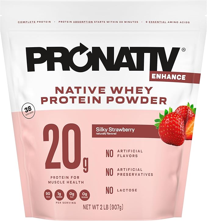 100% Whey Native Protein Powder Silky Strawberry 2 lb Made from Farm Fresh Milk No Artificial Flavors or Preservatives for Muscle Health and Recovery Lactose Free